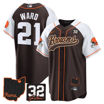 Men's Browns #32 Jim Brown Memorial & Home Patch Baseball Jersey V2 - All Stitched