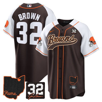 Men's Browns #32 Jim Brown Memorial & Home Patch Baseball Jersey V2 - All Stitched
