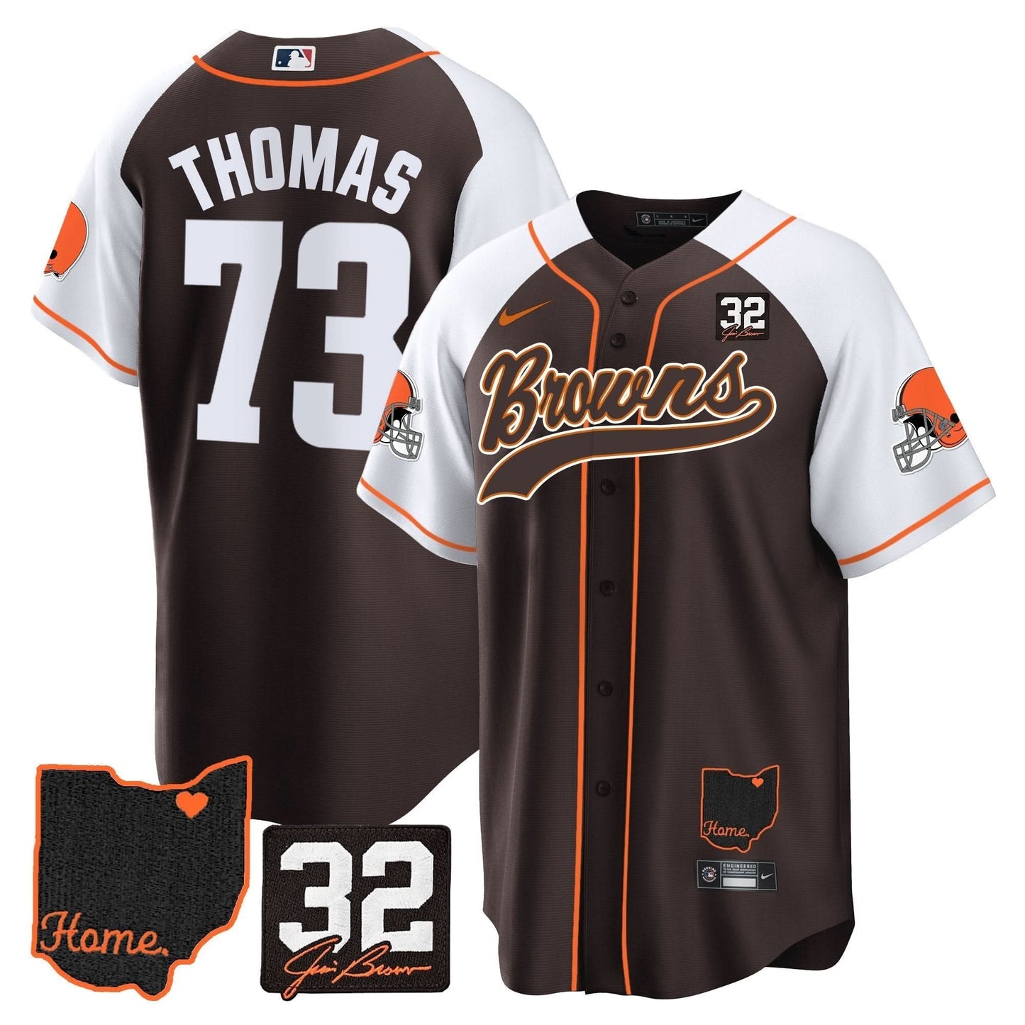 Men's Browns #32 Jim Brown Memorial & Home Patch Baseball Jersey V2 - All Stitched