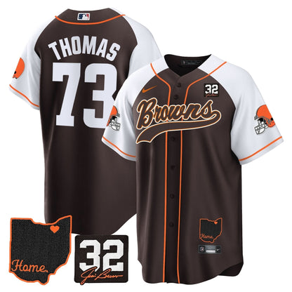 Men's Browns #32 Jim Brown Memorial & Home Patch Baseball Jersey V2 - All Stitched