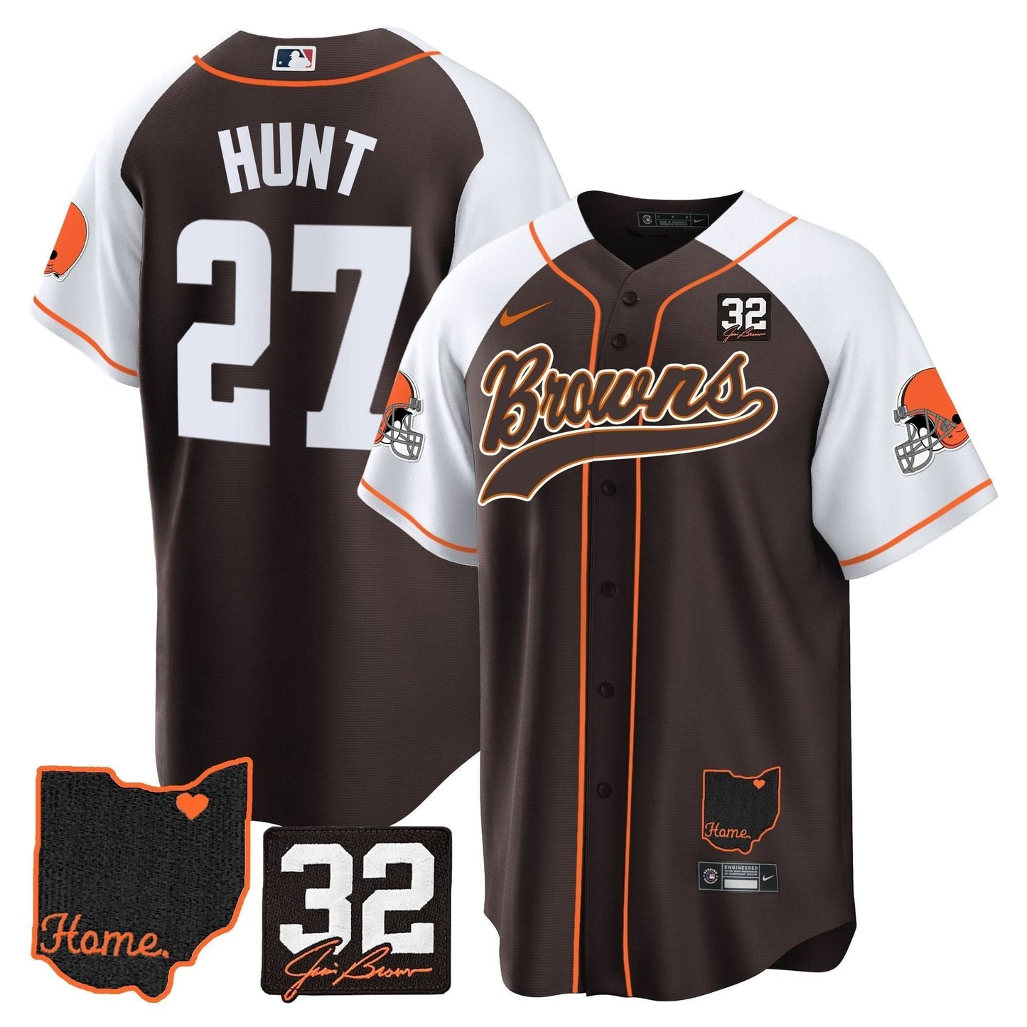 Men's Browns #32 Jim Brown Memorial & Home Patch Baseball Jersey V2 - All Stitched