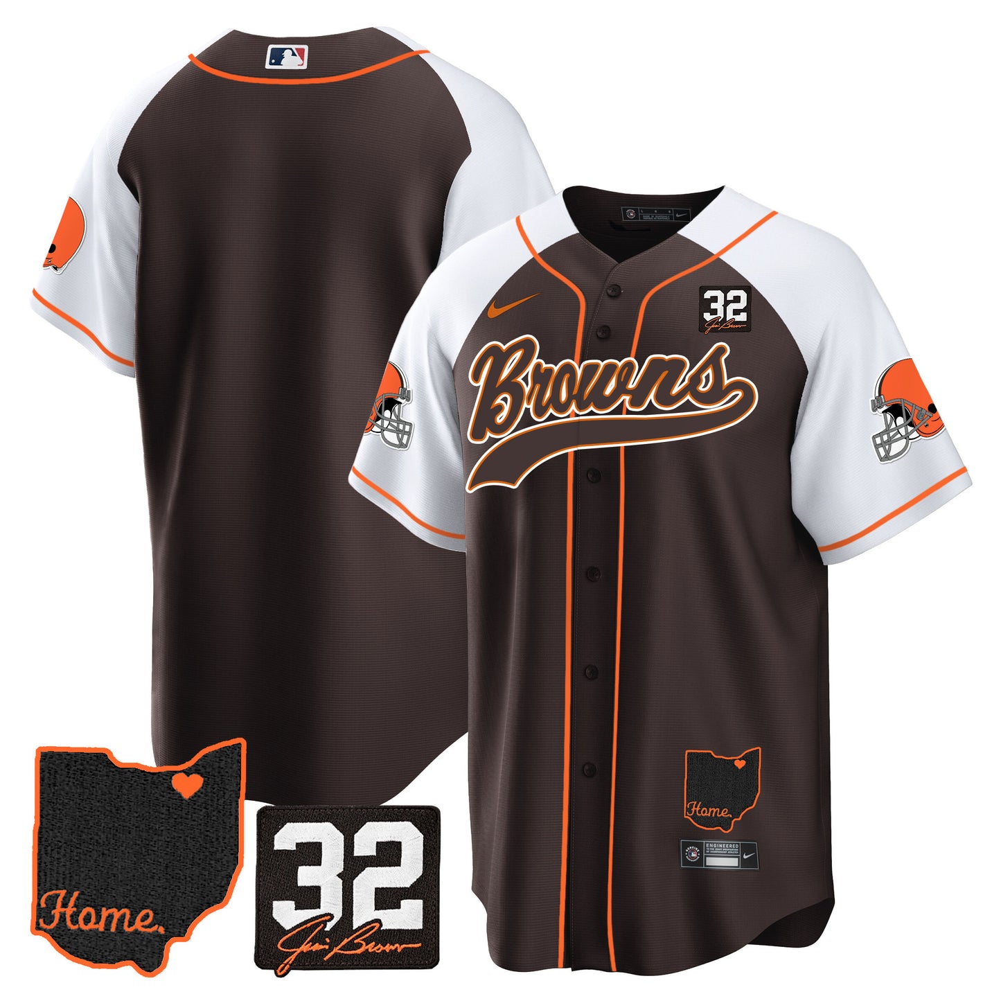 Browns #32 Jim Brown Memorial & Home Patch Baseball Jersey V2 - All Stitched