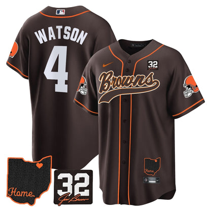 Men's Browns #32 Jim Brown Memorial & Home Patch Baseball Jersey V2 - All Stitched