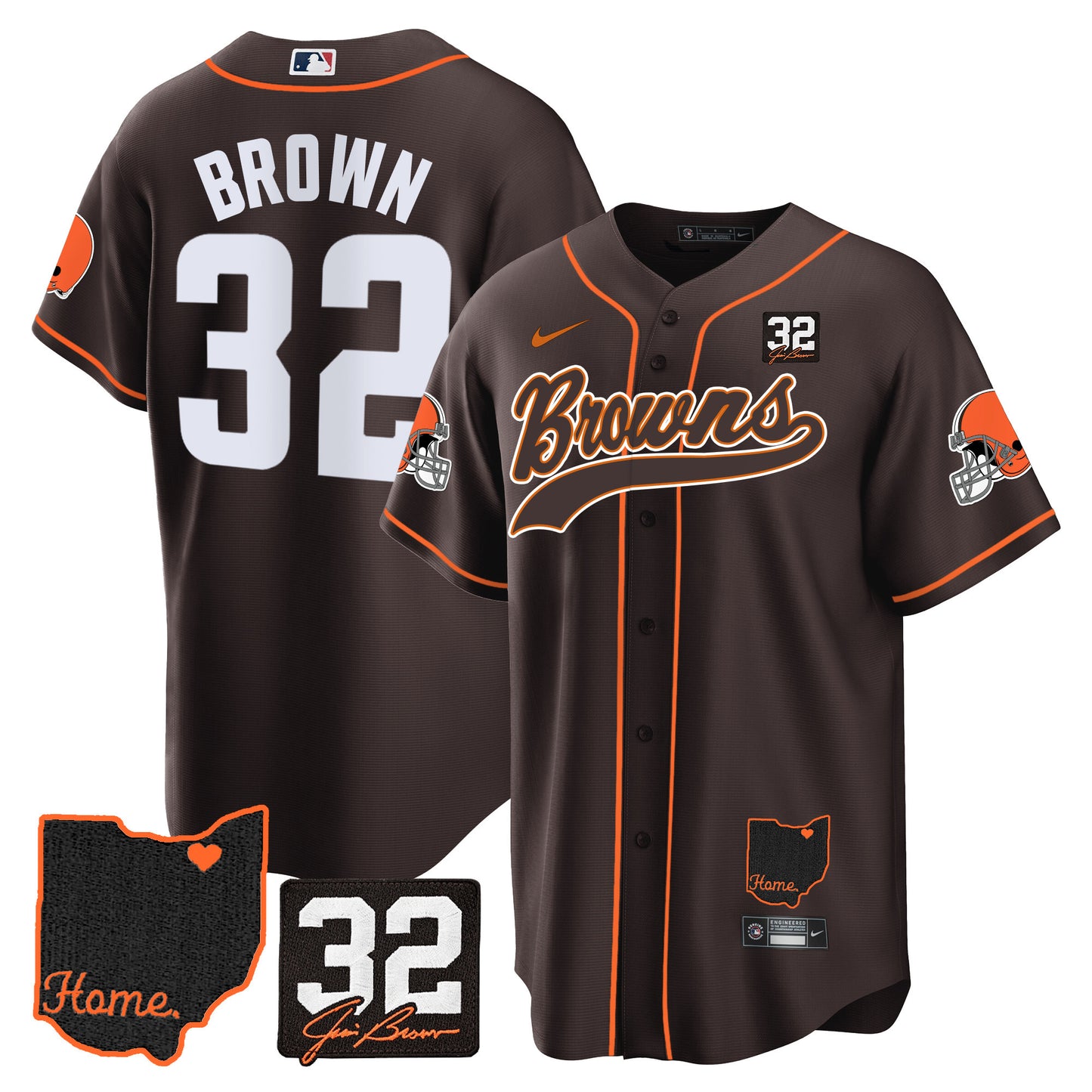 Browns #32 Jim Brown Memorial & Home Patch Baseball Jersey V2 - All Stitched