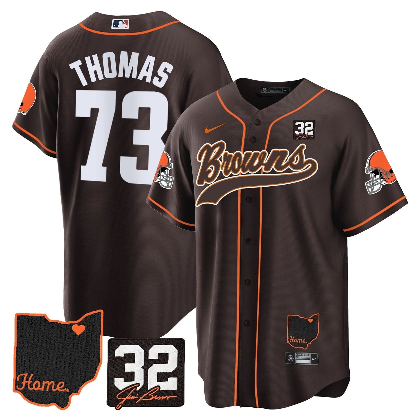 Men's Browns #32 Jim Brown Memorial & Home Patch Baseball Jersey V2 - All Stitched