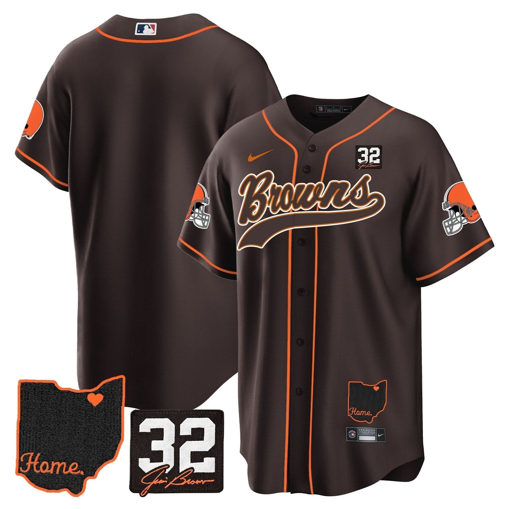Men's Browns #32 Jim Brown Memorial & Home Patch Baseball Jersey V2 - All Stitched