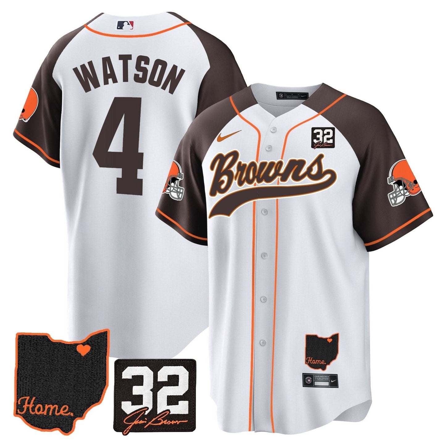 Men's Browns #32 Jim Brown Memorial & Home Patch Baseball Jersey V2 - All Stitched