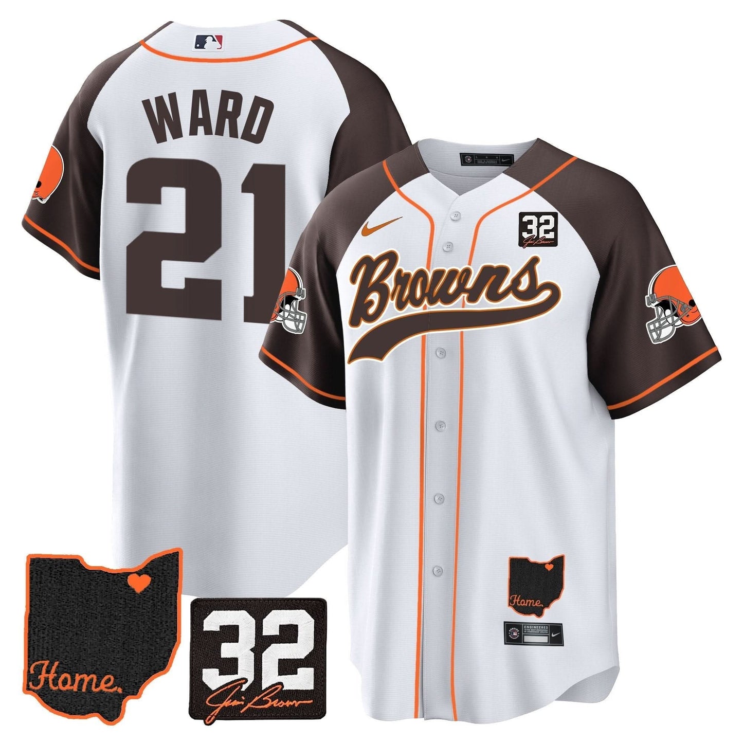 Men's Browns #32 Jim Brown Memorial & Home Patch Baseball Jersey V2 - All Stitched