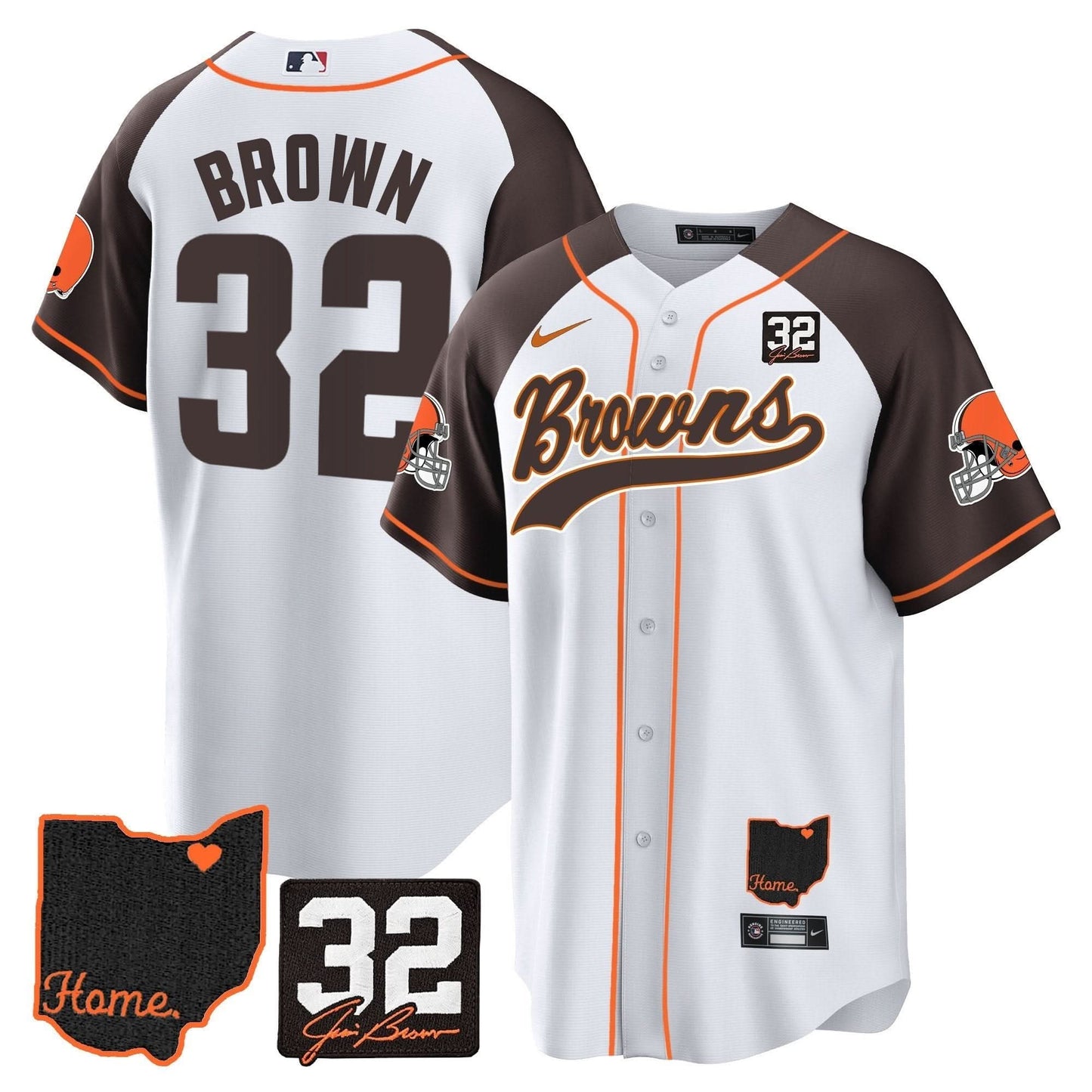 Men's Browns #32 Jim Brown Memorial & Home Patch Baseball Jersey V2 - All Stitched
