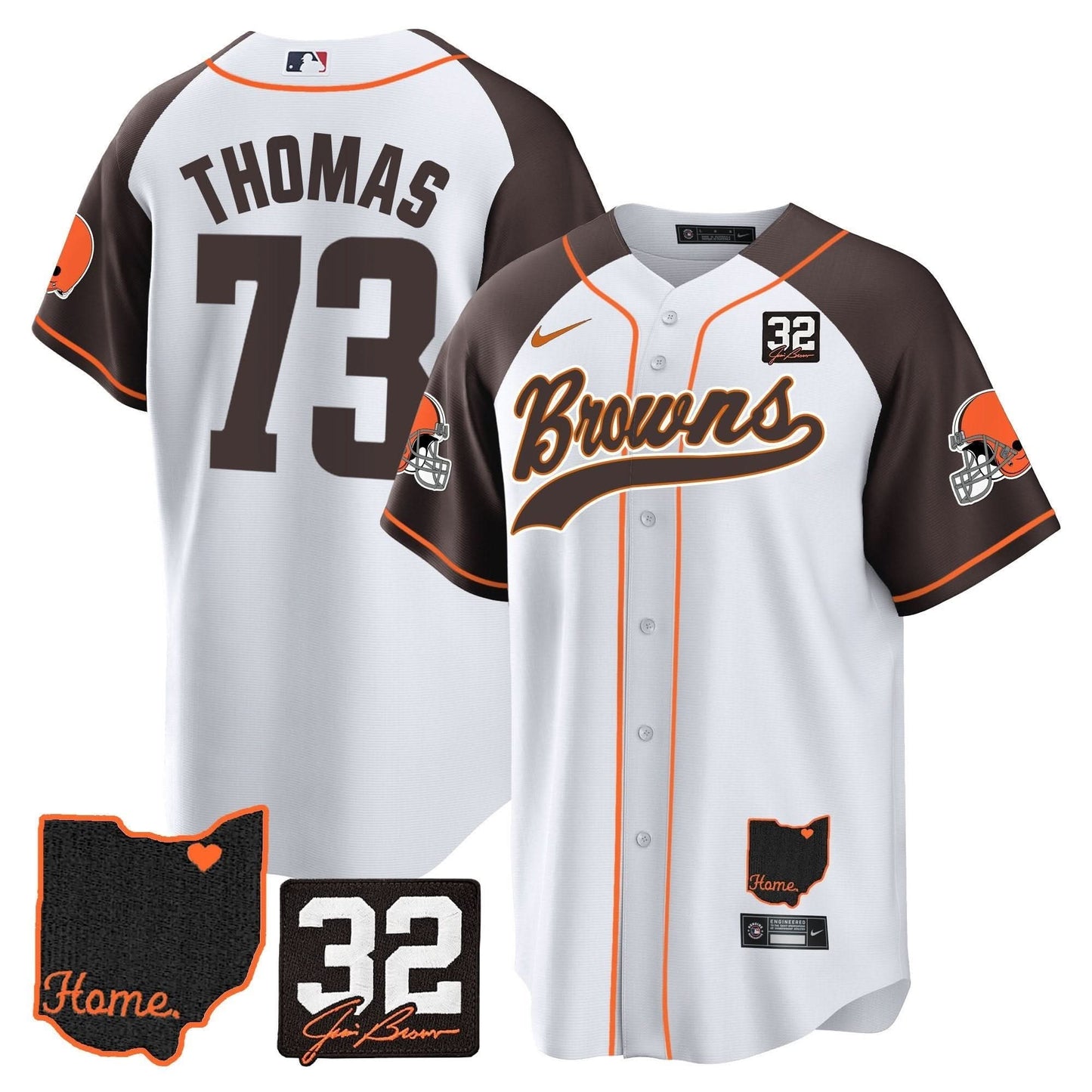 Men's Browns #32 Jim Brown Memorial & Home Patch Baseball Jersey V2 - All Stitched