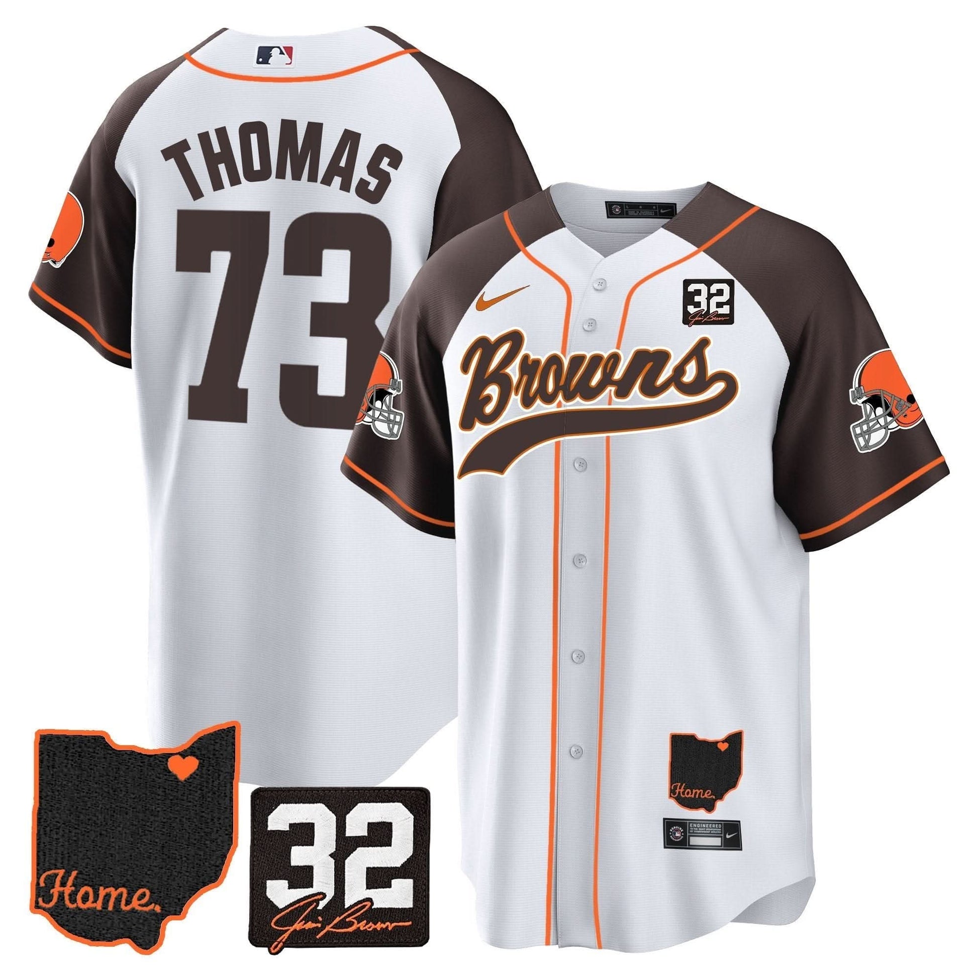 Men's Browns #32 Jim Brown Memorial & Home Patch Baseball Jersey V2 - All Stitched