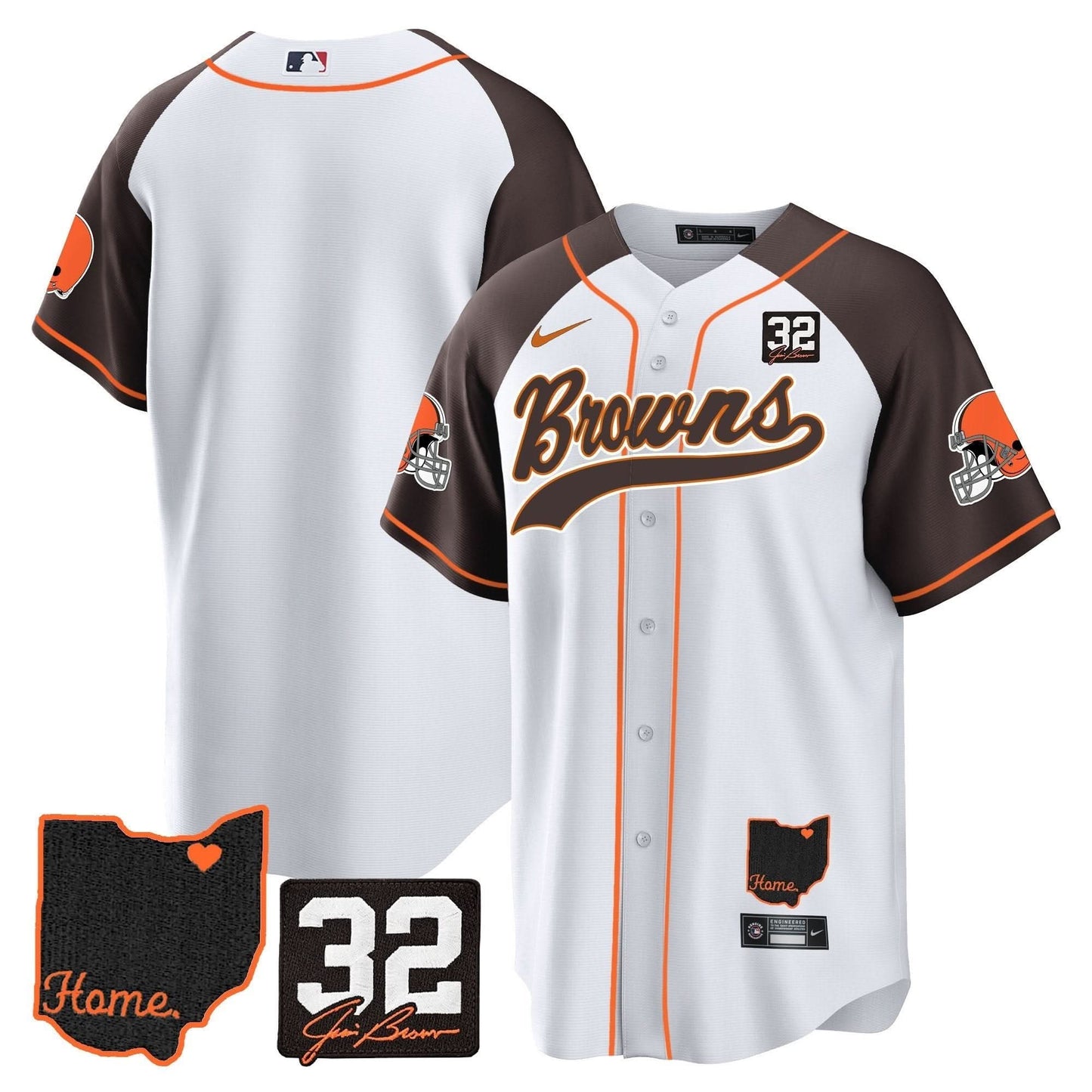Men's Browns #32 Jim Brown Memorial & Home Patch Baseball Jersey V2 - All Stitched
