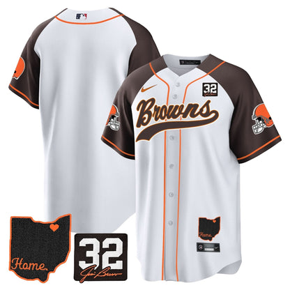 Men's Browns #32 Jim Brown Memorial & Home Patch Baseball Jersey V2 - All Stitched