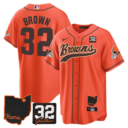 Browns #32 Jim Brown Memorial & Home Patch Baseball Jersey V2 - All Stitched