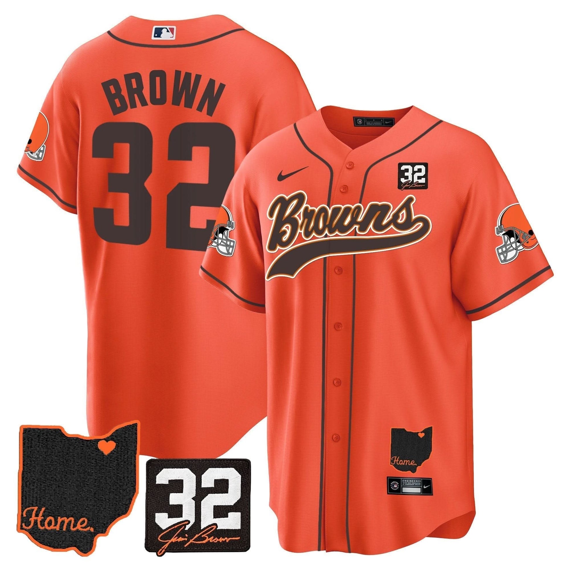 Men's Browns #32 Jim Brown Memorial & Home Patch Baseball Jersey V2 - All Stitched