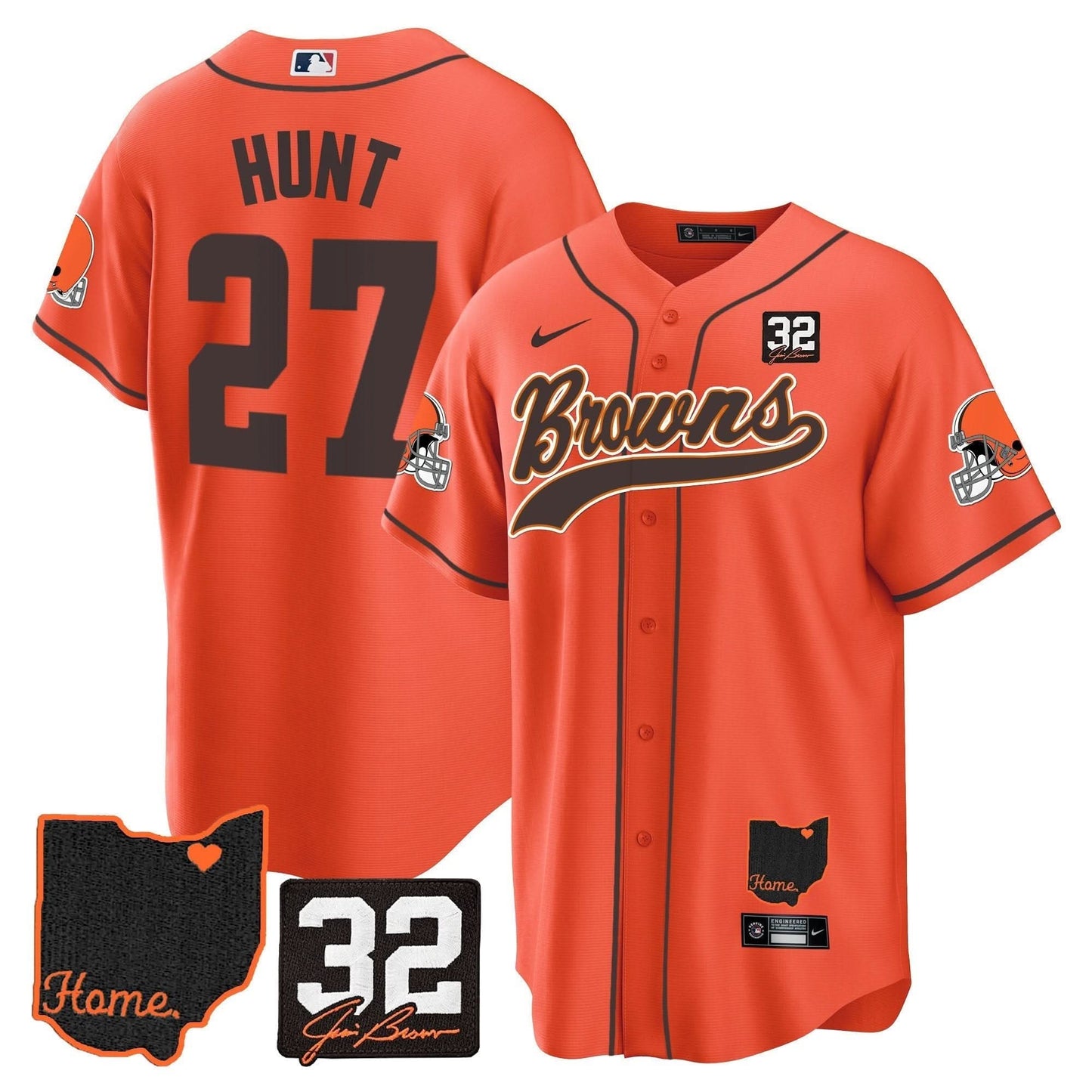 Men's Browns #32 Jim Brown Memorial & Home Patch Baseball Jersey V2 - All Stitched