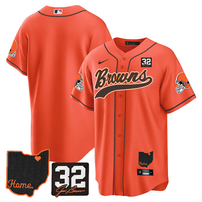 Browns #32 Jim Brown Memorial & Home Patch Baseball Jersey V2 - All Stitched