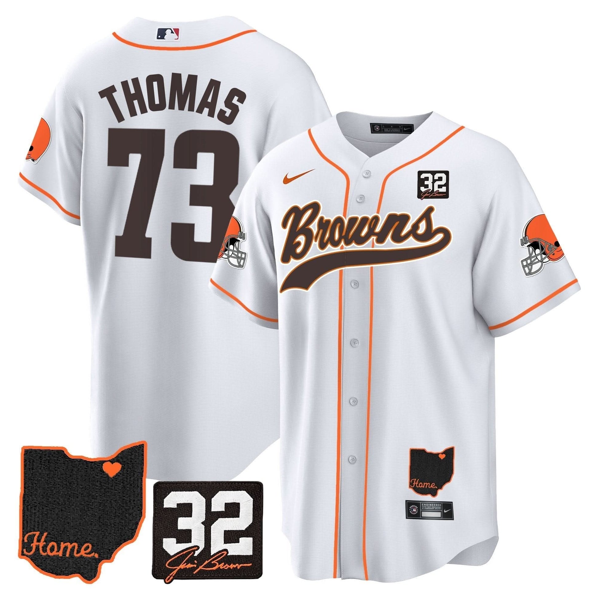 Men's Browns #32 Jim Brown Memorial & Home Patch Baseball Jersey V2 - All Stitched
