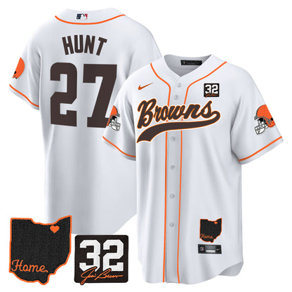 Browns #32 Jim Brown Memorial & Home Patch Baseball Jersey V2 - All Stitched