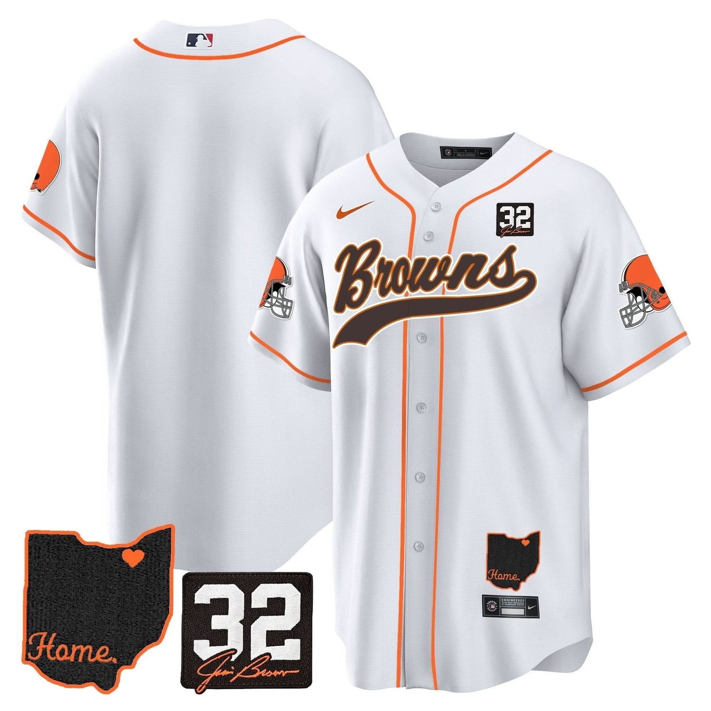 Men's Browns #32 Jim Brown Memorial & Home Patch Baseball Jersey V2 - All Stitched