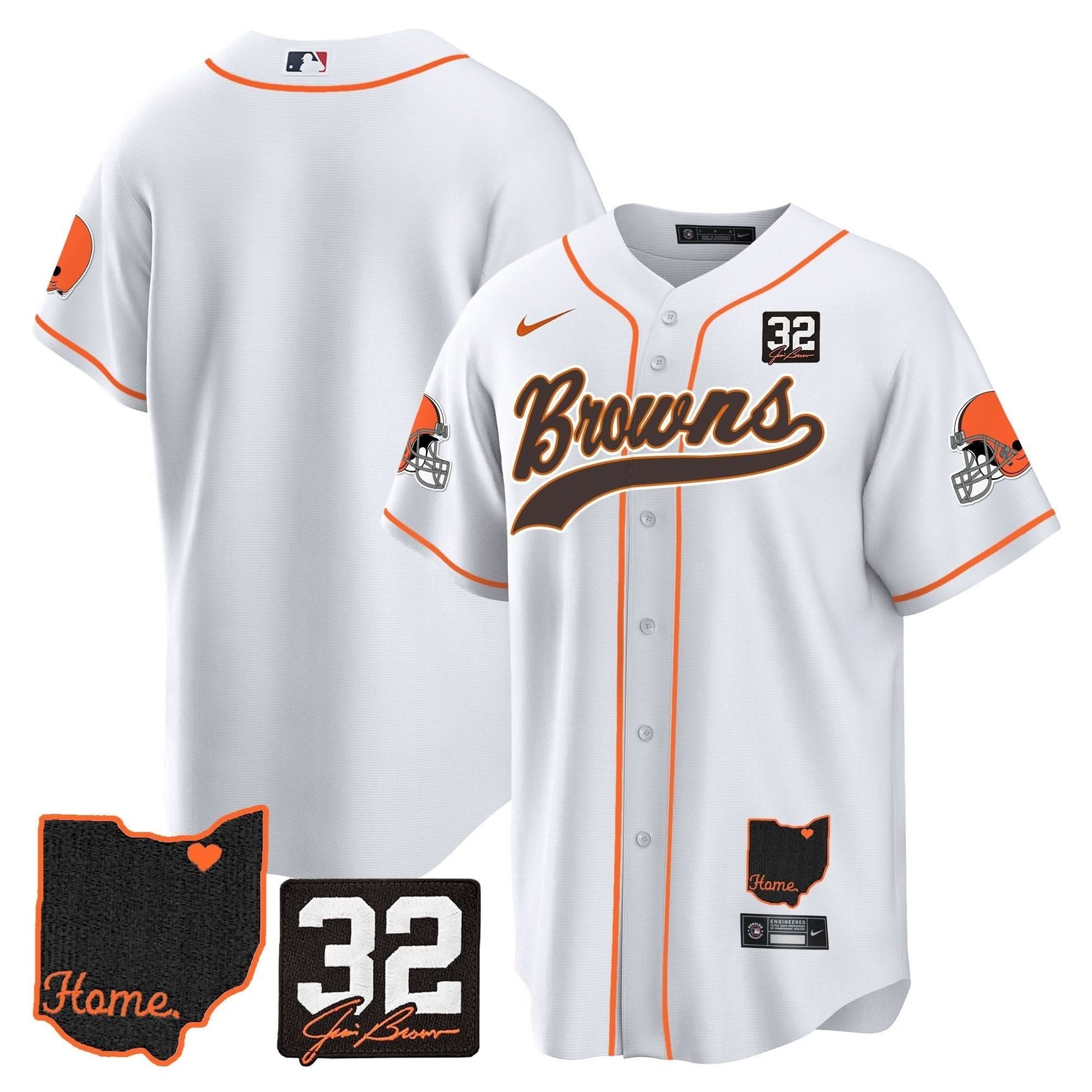 Men's Browns #32 Jim Brown Memorial & Home Patch Baseball Jersey V2 - All Stitched