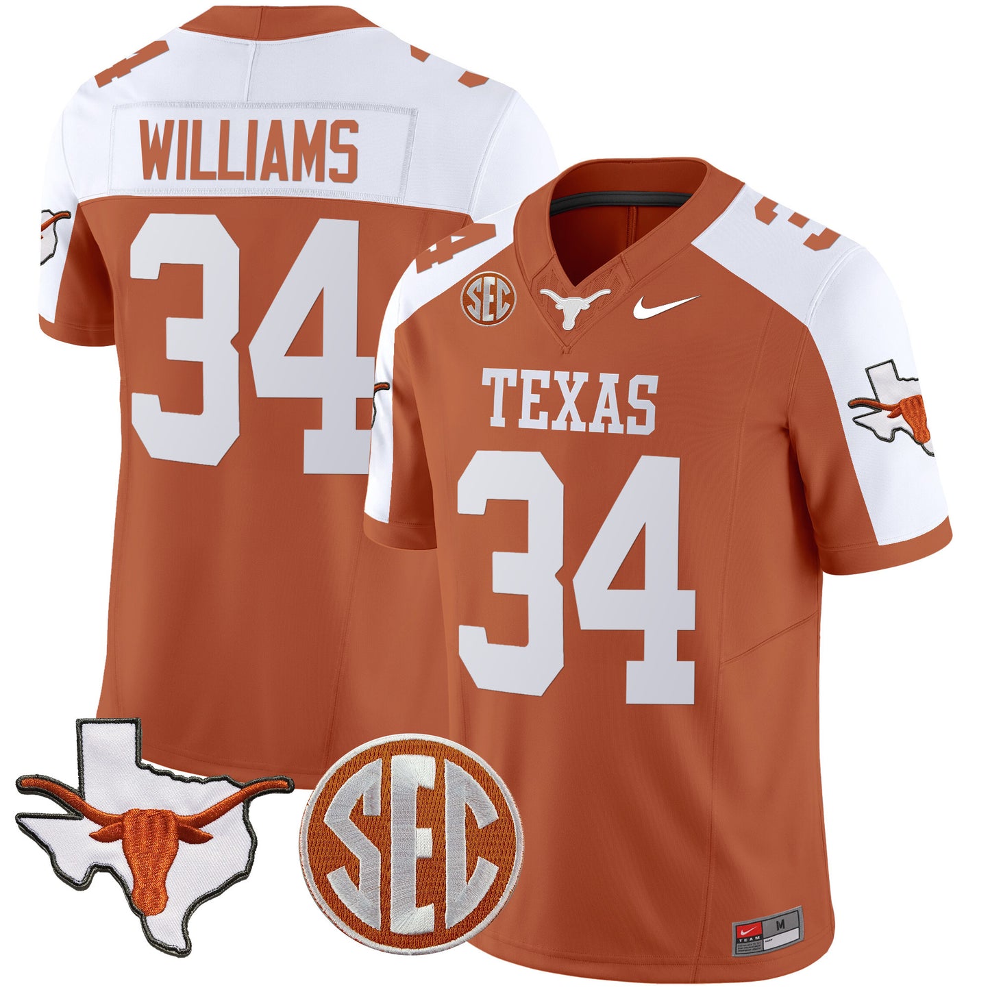 Texas Longhorns State Map & SEC Patch Vapor Jersey V4 - All Stitched