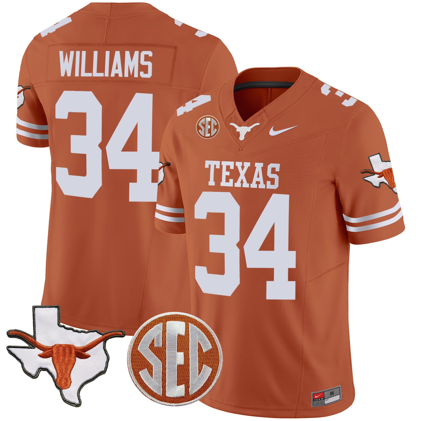 Texas Longhorns State Map & SEC Patch Vapor Jersey V4 - All Stitched