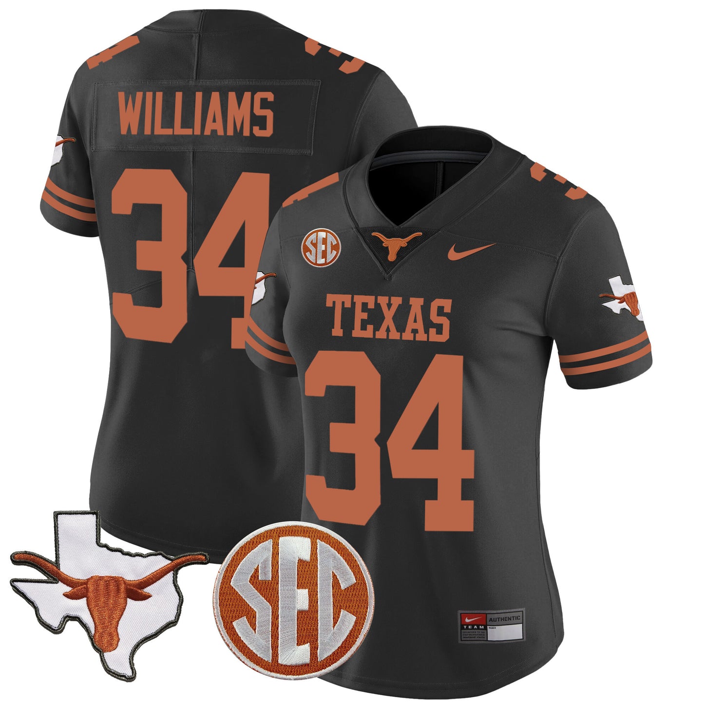 Women's Texas Longhorns State Map & SEC Patch Vapor Jersey V2 - All Stitched