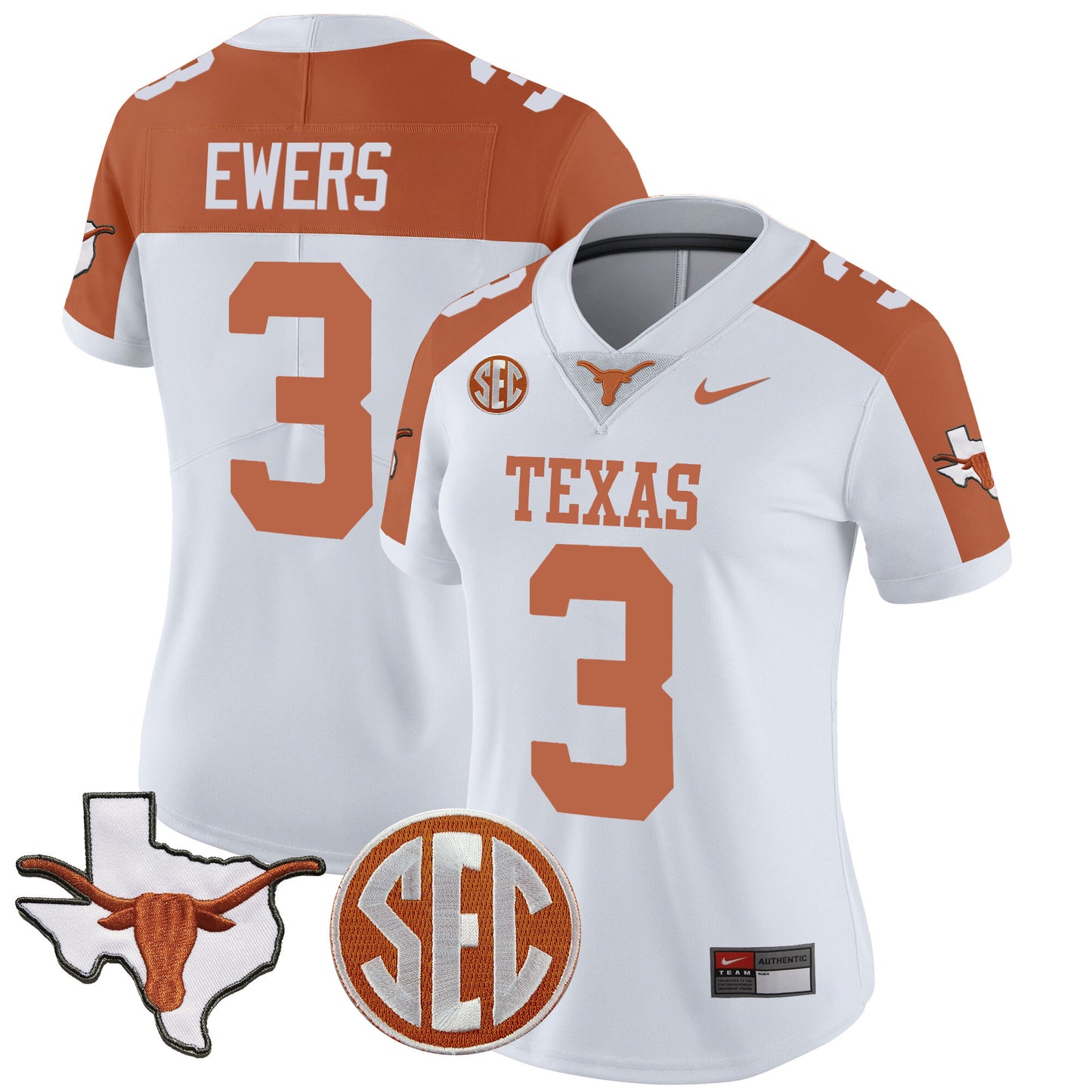 Women's Texas Longhorns State Map & SEC Patch Vapor Jersey V2 - All Stitched