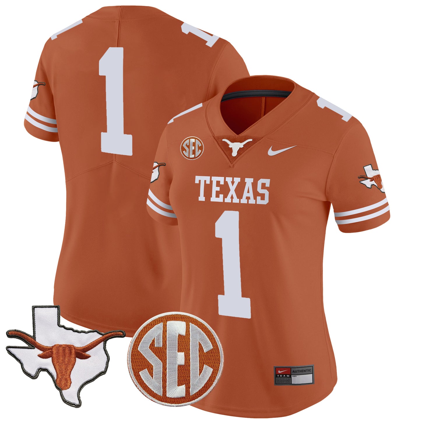 Women's Texas Longhorns State Map & SEC Patch Vapor Jersey V2 - All Stitched