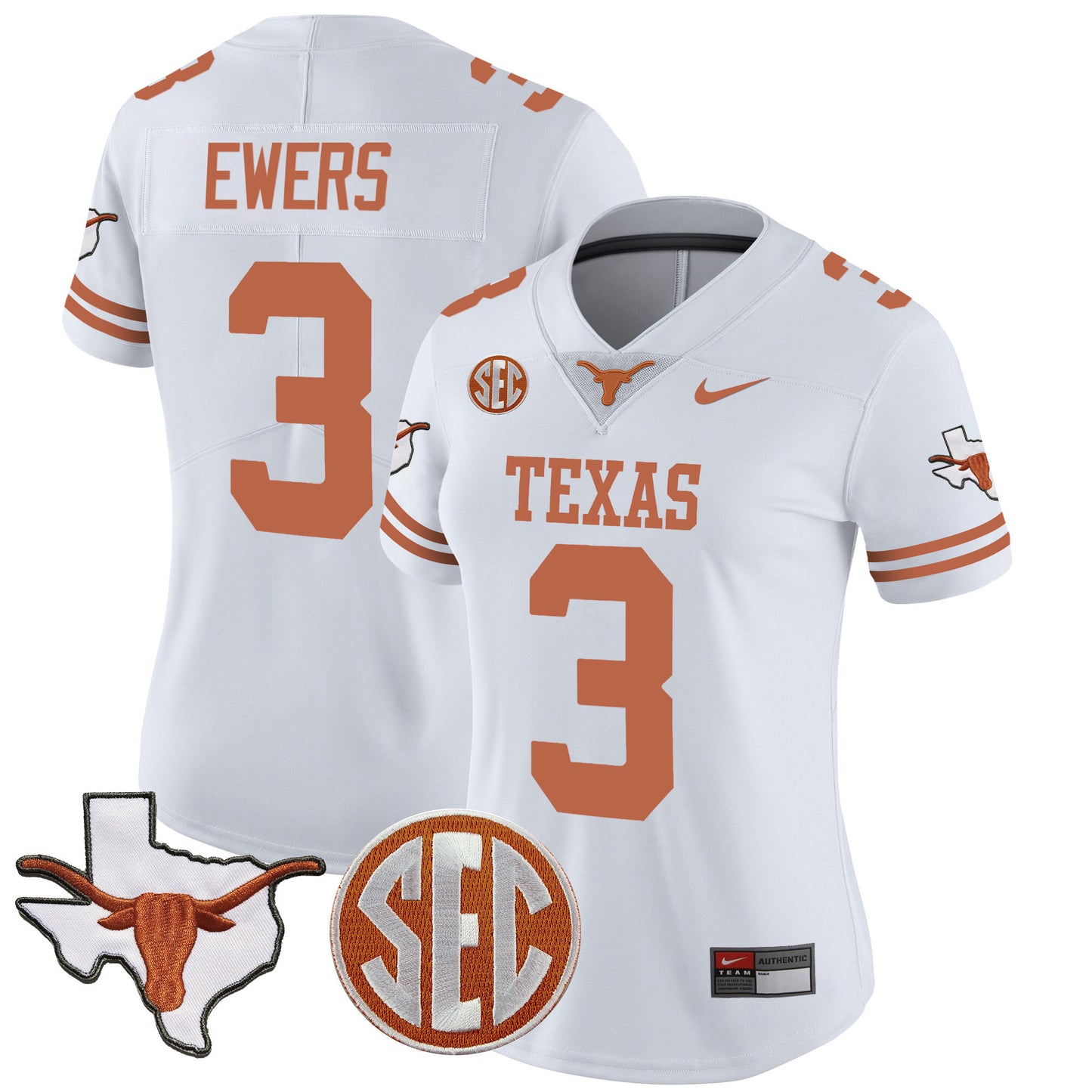 Women's Texas Longhorns State Map & SEC Patch Vapor Jersey V2 - All Stitched