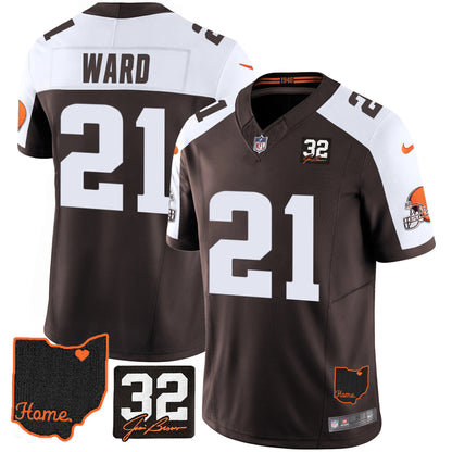 Browns #32 Jim Brown Memorial & Home Patch Jersey V3 - All Stitched