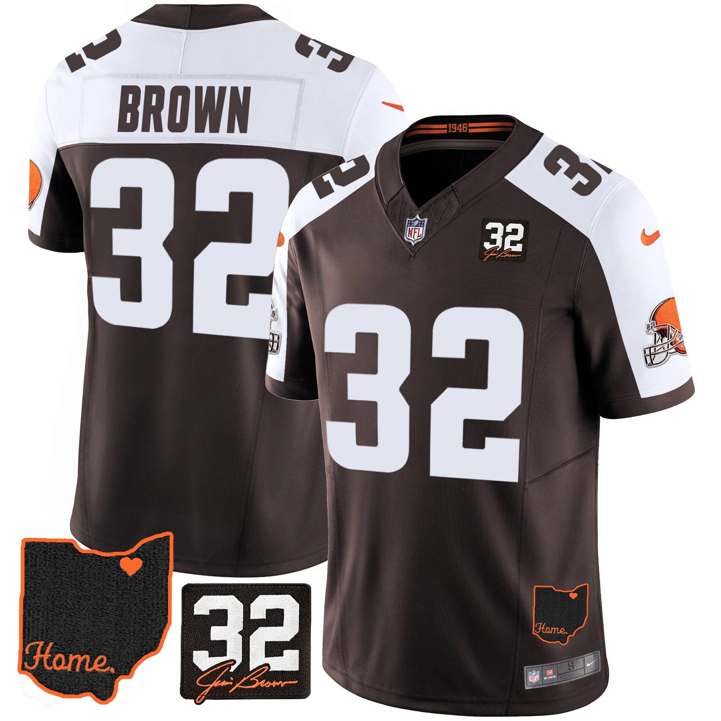 Browns #32 Jim Brown Memorial & Home Patch Jersey V3 - All Stitched