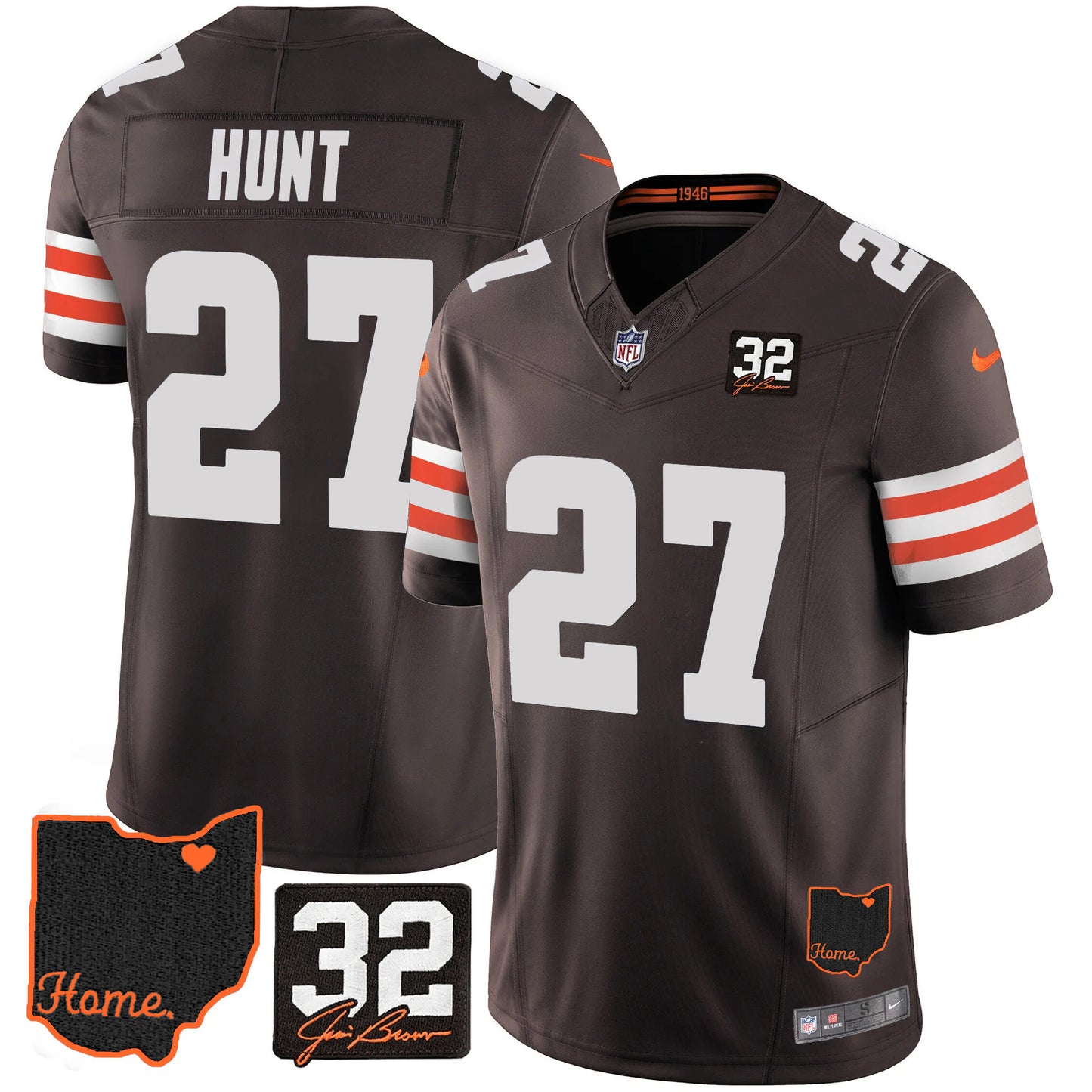 Browns #32 Jim Brown Memorial & Home Patch Jersey V3 - All Stitched