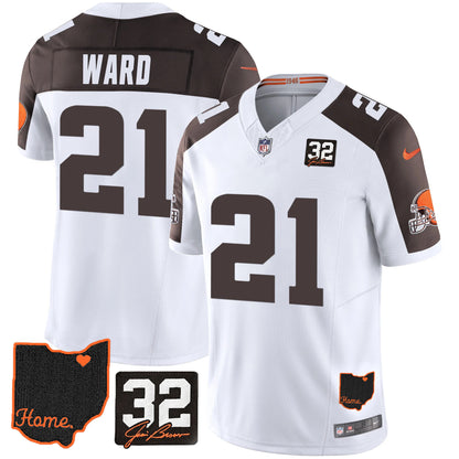 Browns #32 Jim Brown Memorial & Home Patch Jersey V3 - All Stitched