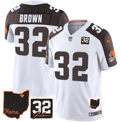 Browns #32 Jim Brown Memorial & Home Patch Jersey V3 - All Stitched