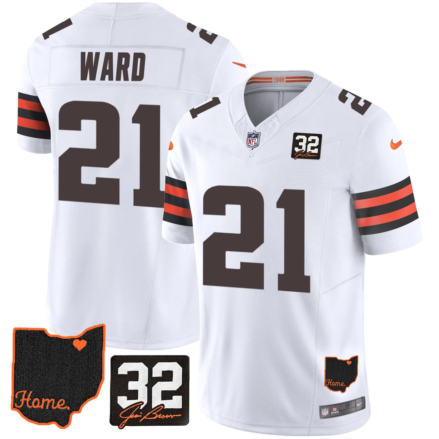 Browns #32 Jim Brown Memorial & Home Patch Jersey V3 - All Stitched