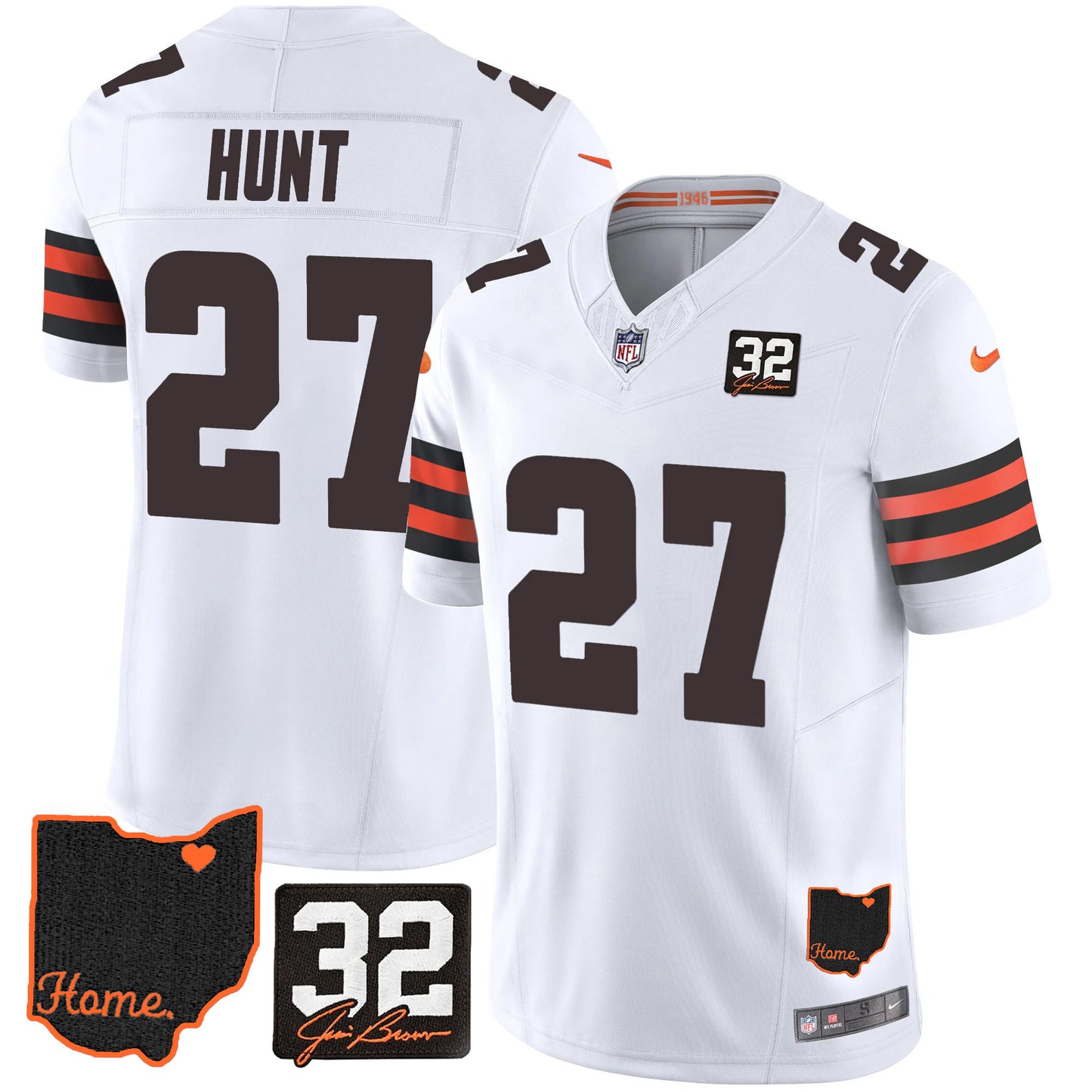 Browns #32 Jim Brown Memorial & Home Patch Jersey V3 - All Stitched