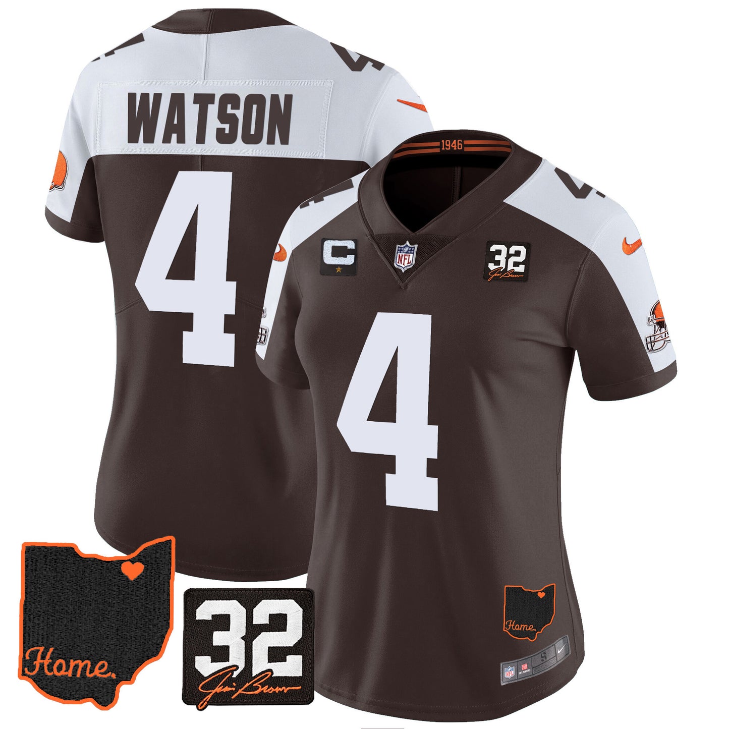 Women's Browns #32 Jim Brown Memorial & Home Patch Jersey V3 - All Stitched