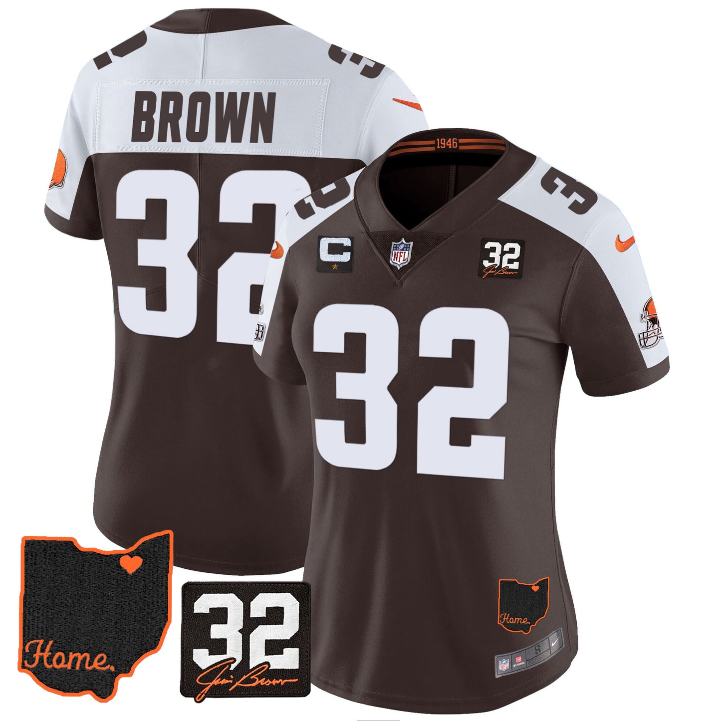 Women's Browns #32 Jim Brown Memorial & Home Patch Jersey V3 - All Stitched