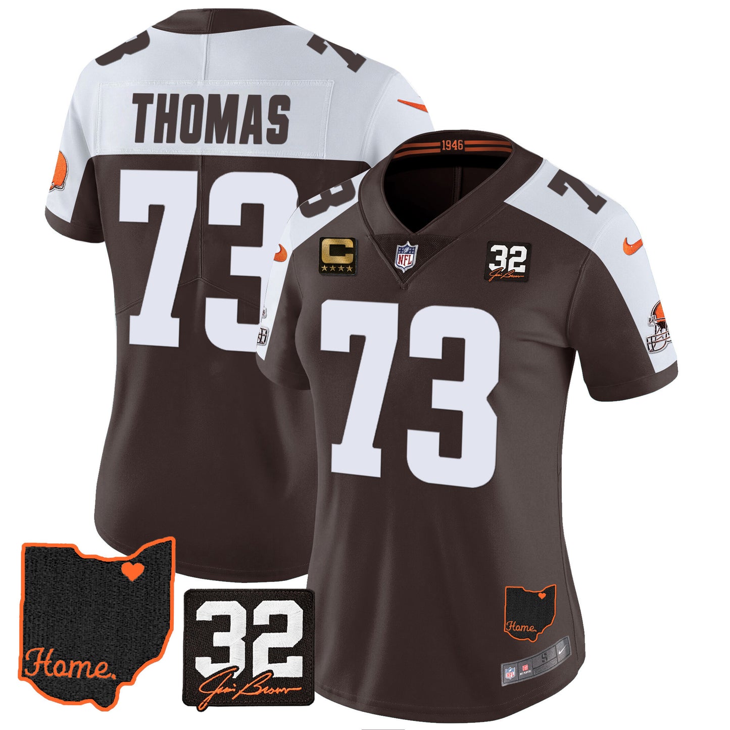 Women's Browns #32 Jim Brown Memorial & Home Patch Jersey V3 - All Stitched