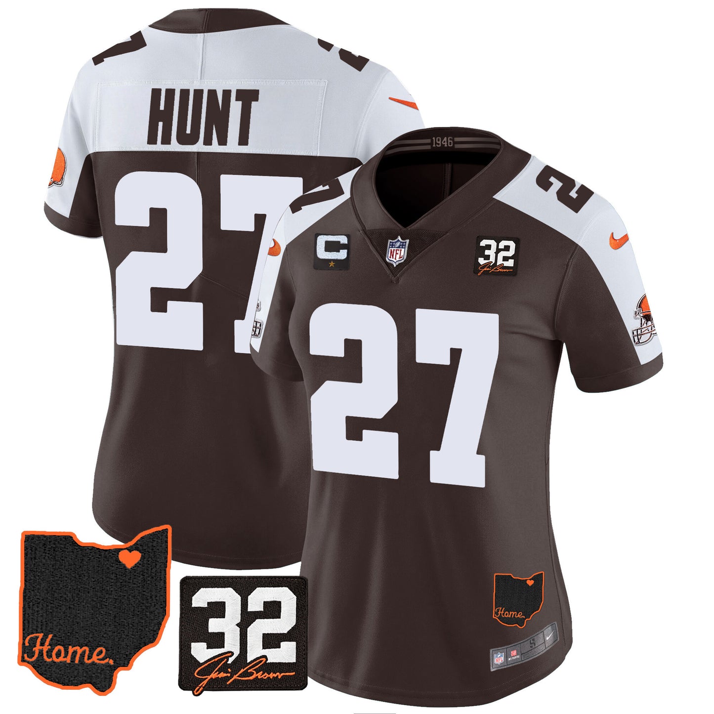 Women's Browns #32 Jim Brown Memorial & Home Patch Jersey V3 - All Stitched