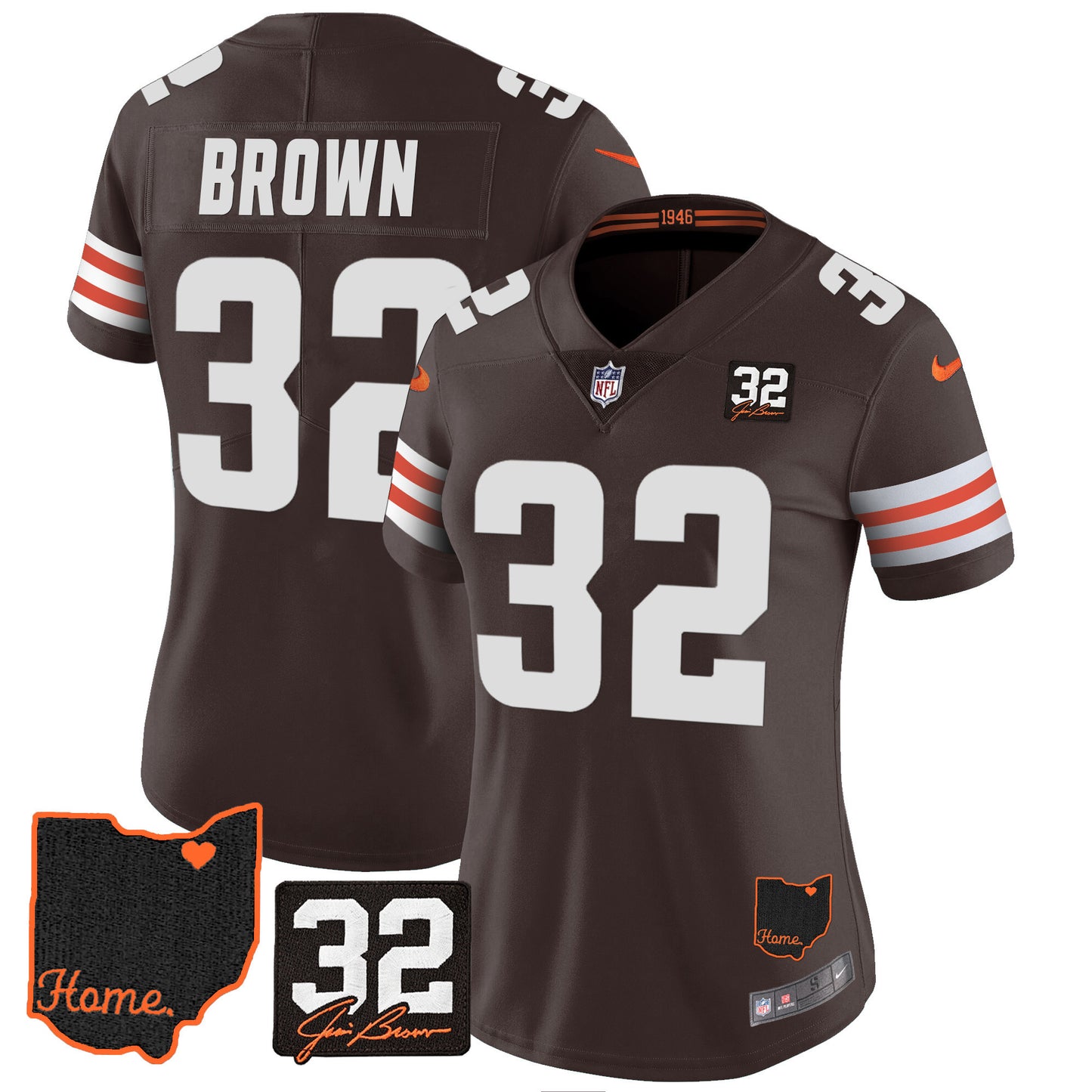 Women's Browns #32 Jim Brown Memorial & Home Patch Jersey V3 - All Stitched