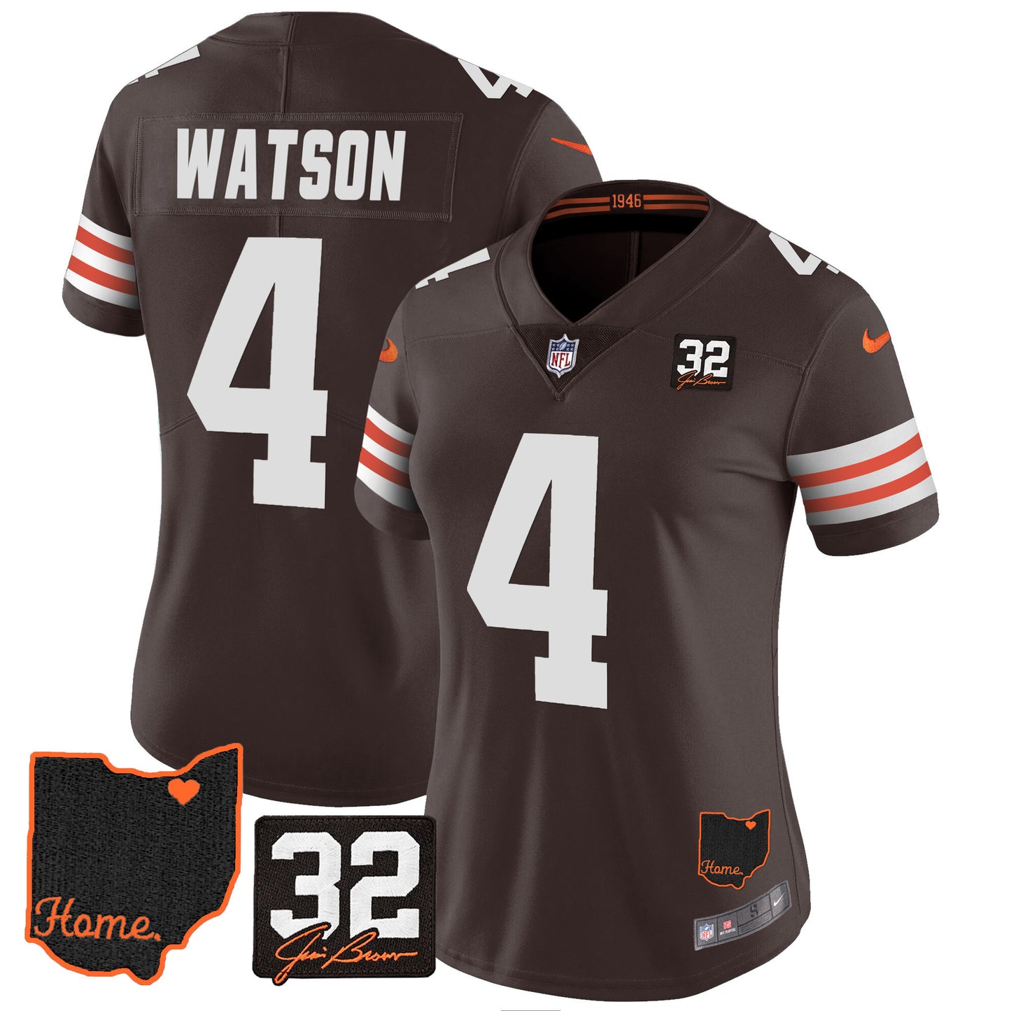 Women's Browns #32 Jim Brown Memorial & Home Patch Jersey V3 - All Stitched