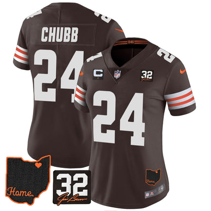 Women's Browns #32 Jim Brown Memorial & Home Patch Jersey V3 - All Stitched