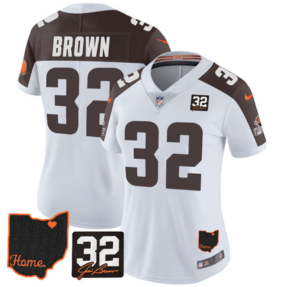 Women's Browns #32 Jim Brown Memorial & Home Patch Jersey V3 - All Stitched