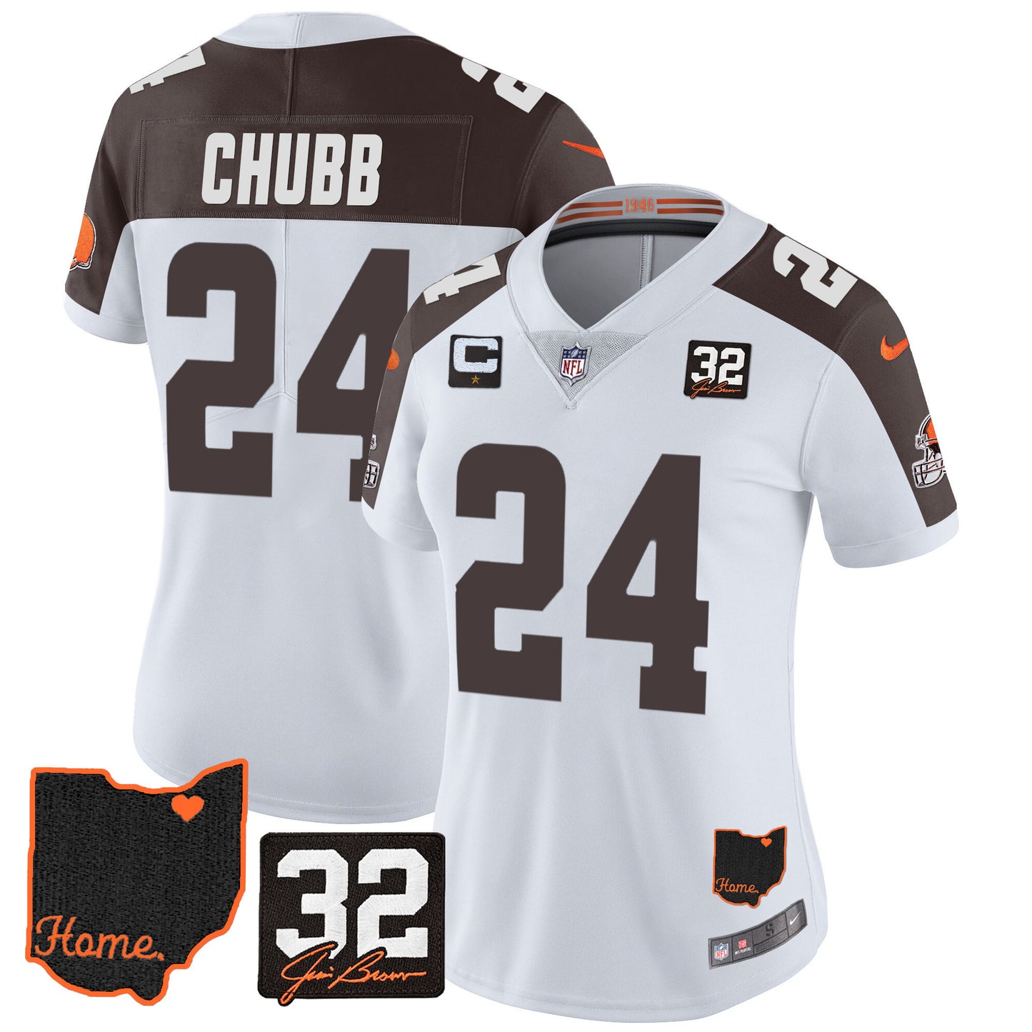 Women's Browns #32 Jim Brown Memorial & Home Patch Jersey V3 - All Stitched