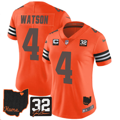 Women's Browns #32 Jim Brown Memorial & Home Patch Jersey V3 - All Stitched