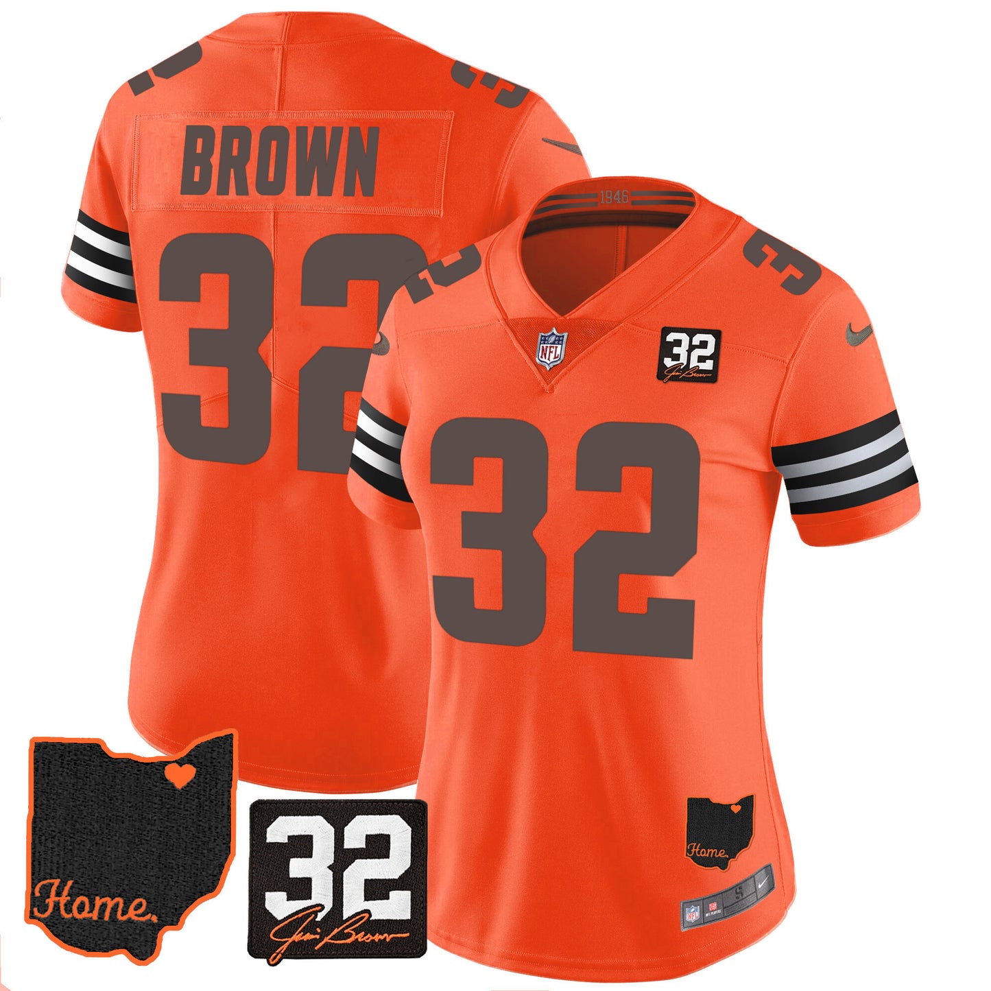 Women's Browns #32 Jim Brown Memorial & Home Patch Jersey V3 - All Stitched