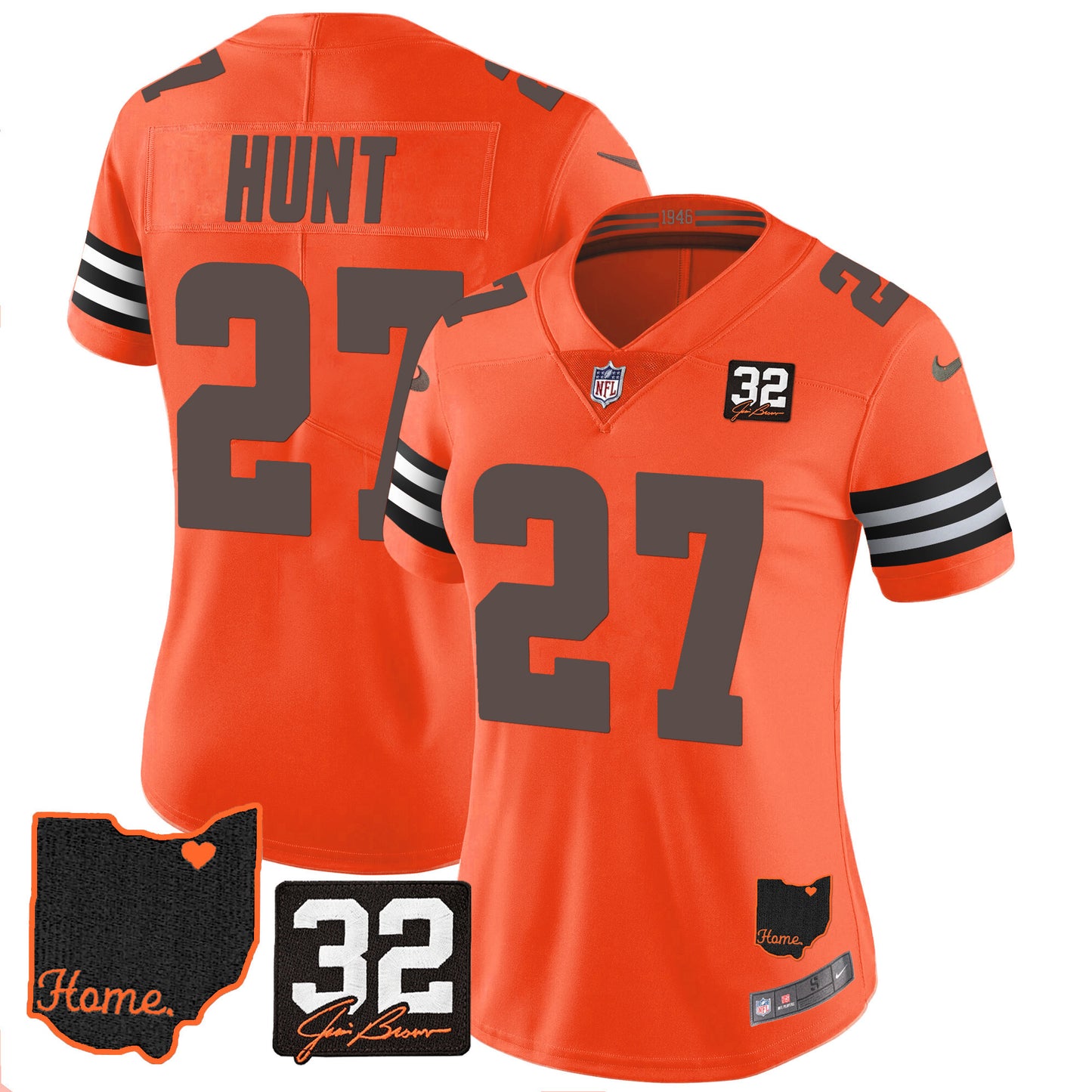 Women's Browns #32 Jim Brown Memorial & Home Patch Jersey V3 - All Stitched